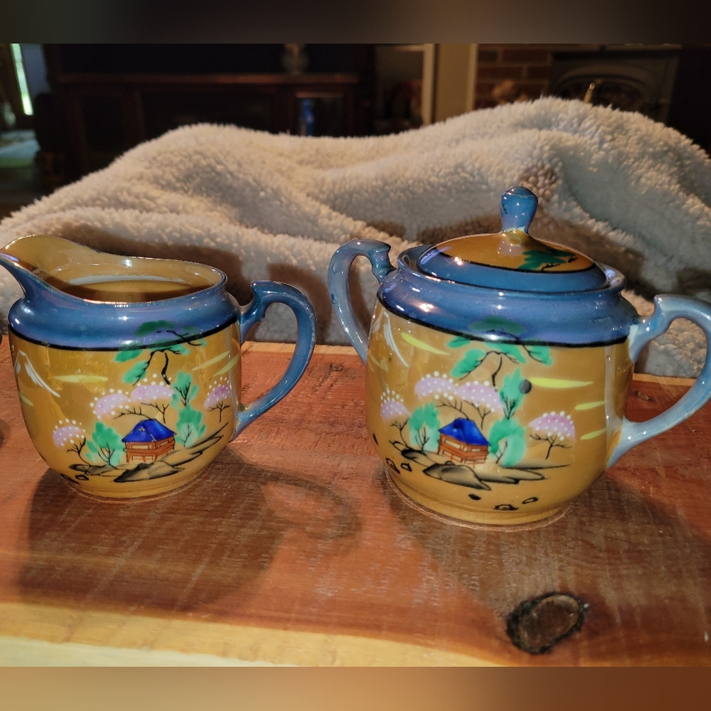 1920's-30's Lusterware Sugar Bowl & Creamer House, Flowers, Trees, Island Scene